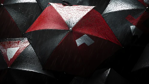Red and black umbrellas glisten under heavy urban rain