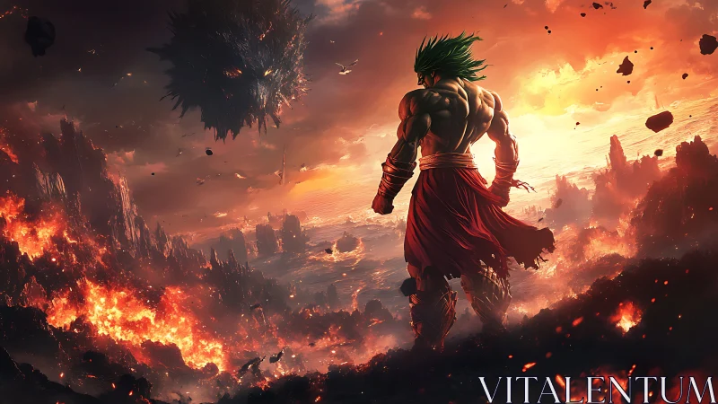 Warrior confronts void beast over burning volcanic wasteland.