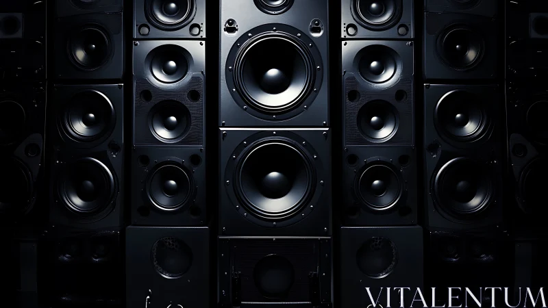 Symmetrical wall of black loudspeakers renders sculptural audio power