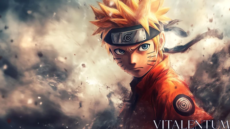 Anime ninja boy stares forward amid swirling debris clouds