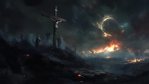 Apocalyptic crucifixion scene rendered in dramatic digital chiaroscuro