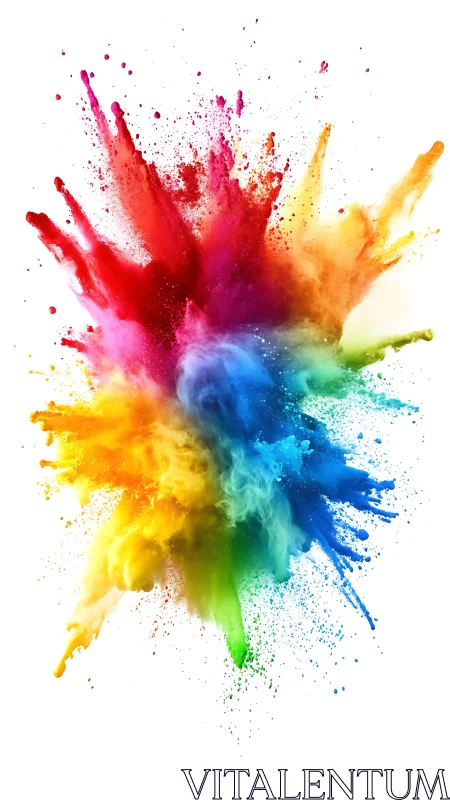 Explosive radial burst of multicolor powder on white field.