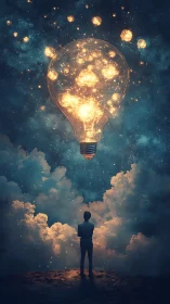 Backlit figure studies glowing nebulae encapsulated in cosmic bulb