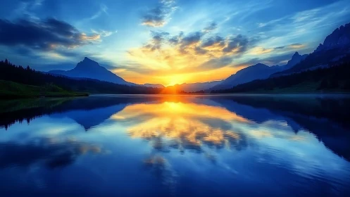 Radiant alpine sunrise mirrored across tranquil lake waters.