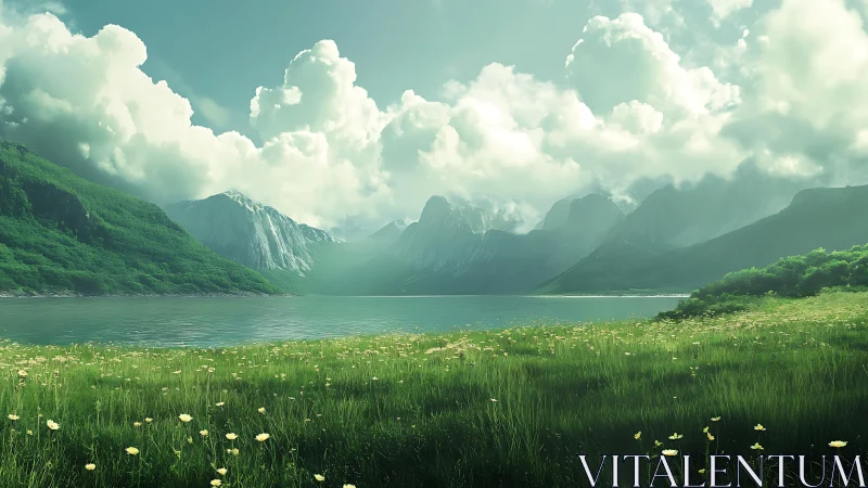 Emerald valley lake beneath towering mist-wrapped mountains.