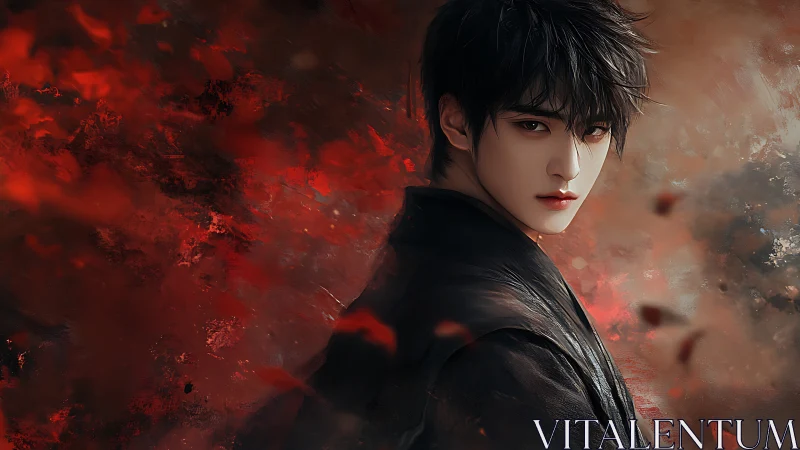 Melancholic anime youth amid abstract crimson vortex