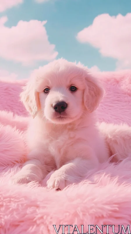 Pastel portrait of white puppy on pink faux fur ground.