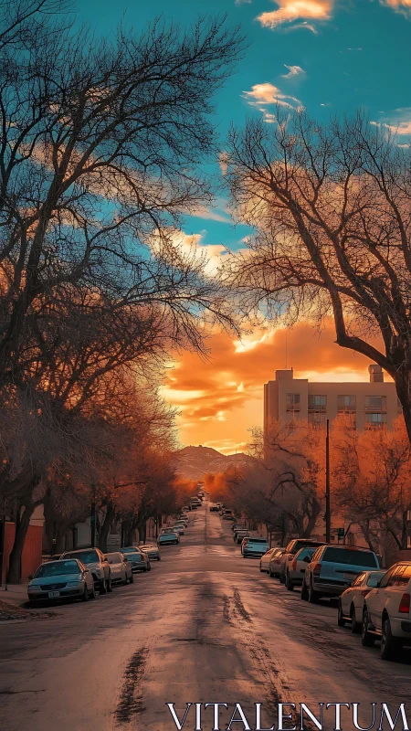 Linear perspective city street under high-saturation sunset sky