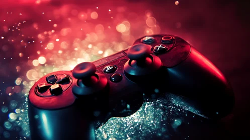 Gaming controllers glow in neon red light.