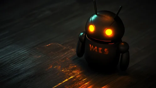 Glowing-eyed black robot stands on moody reflective floor.