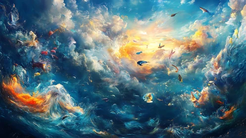 Abstract aquatic sky with swirling fish and luminous clouds.