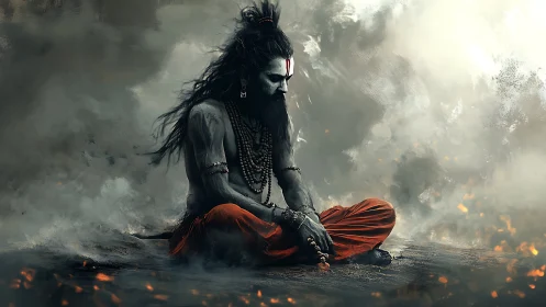 Seated ascetic with beads meditates amid smoke and embers