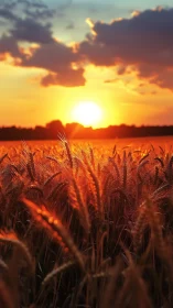 Sunlit wheat field glows under dramatic summer sunset sky