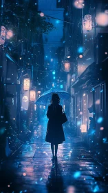 Silhouette under umbrella in illuminated rainy alleyway.