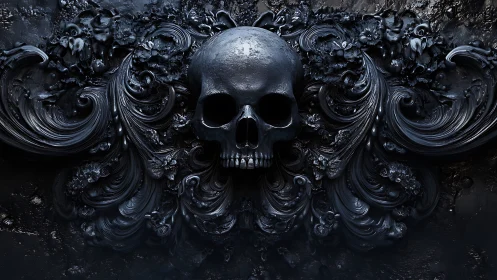 Obsidian skull emerges from baroque swirling darkness