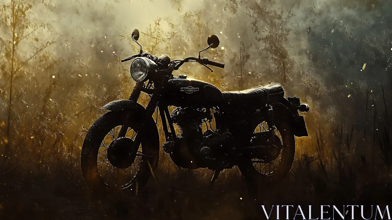 Sunlit vintage motorcycle quietly rests in golden mist