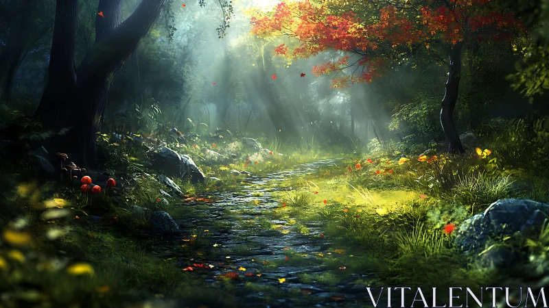 Enchanted Forest Stream Where Autumn Leaves Float in Misty Light