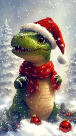 Festive baby dinosaur in red Santa hat amid snowy forest.