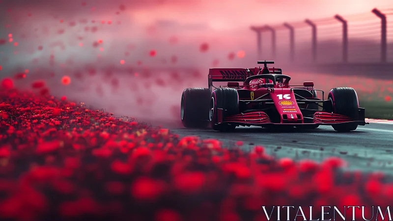 Aerodynamic F1 chassis slicing through stylized red flora field.