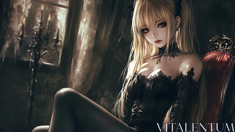 Gothic vampire girl on crimson throne in dim chamber.