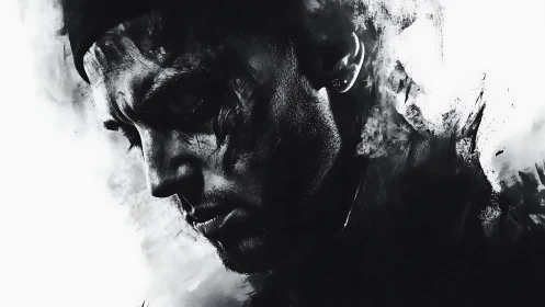 Monochrome profile study depicts a man in partial shadow