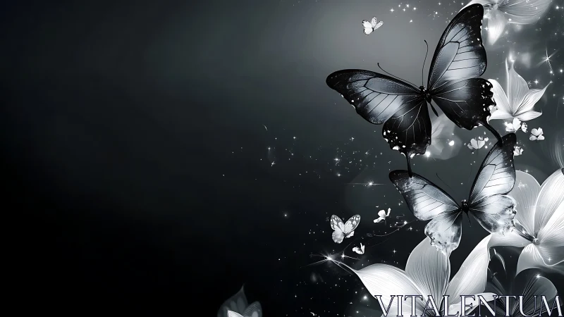 Midnight butterflies drift through silver blossoms and starlight.