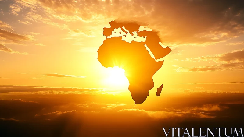 Radiant African continent silhouette glows within sunset sky.