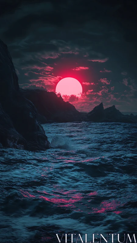 Neon magenta sun descends over turbulent nocturnal seascape