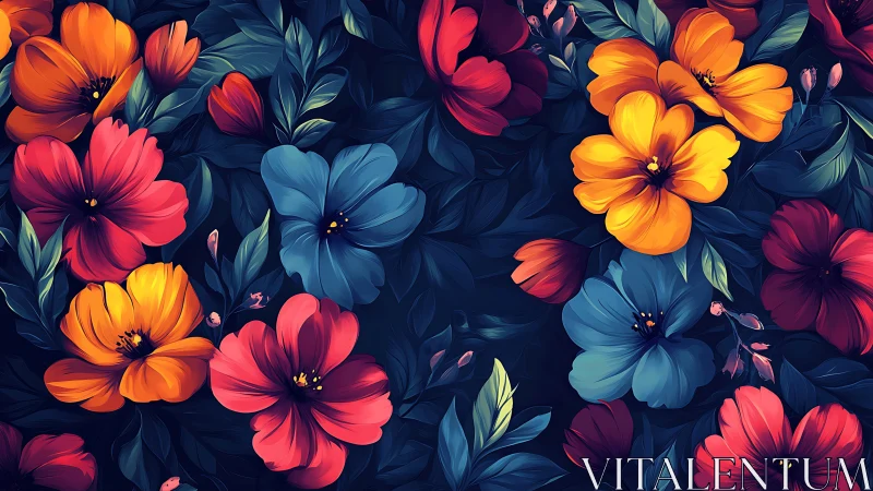 Vibrant Floral Composition Against Dark Navy Background.