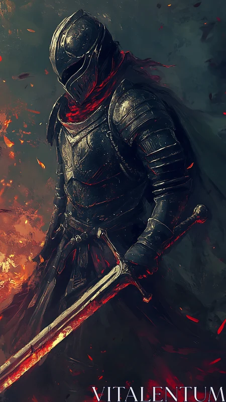Armored dark knight holds flaming sword amid rising embers