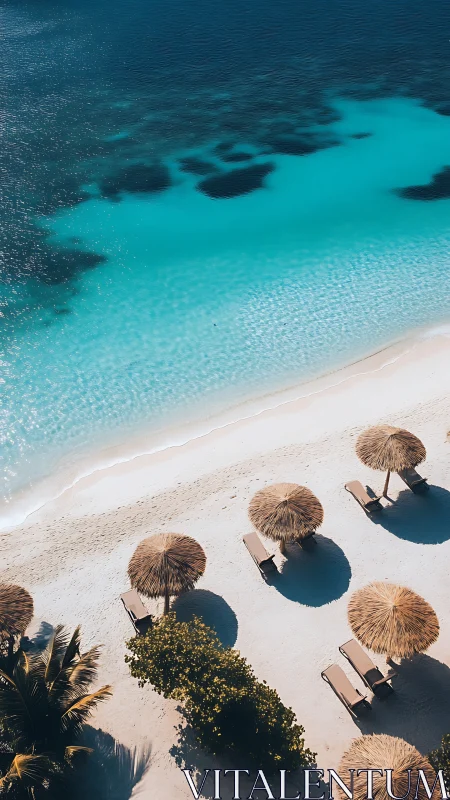 Tropical Paradise Beach with Turquoise Waters and Thatched Umbrellas.