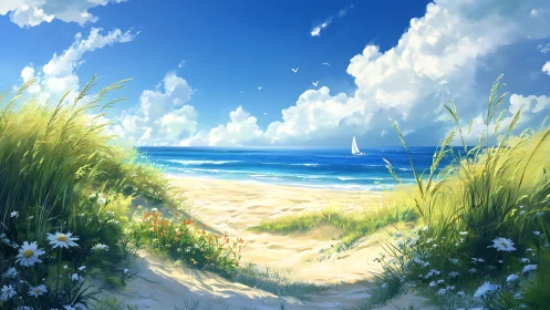 Sunlit dune path opening onto tranquil sailboat sea.