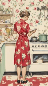 Retro homemaker in floral kitchen, red dress illustration.