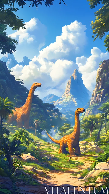 Cartoon sauropod dinosaurs roaming lush valley landscape.
