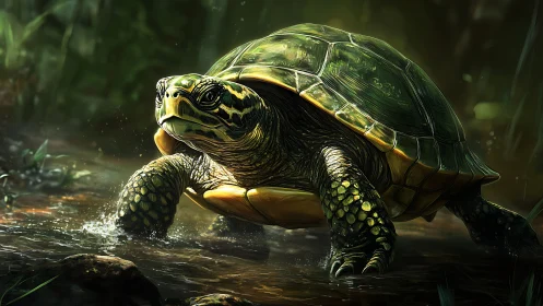 Turtle strides through shallow forest stream under dappled light