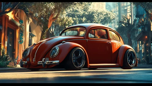 Sunlit vintage red Beetle resting on a calm city street.