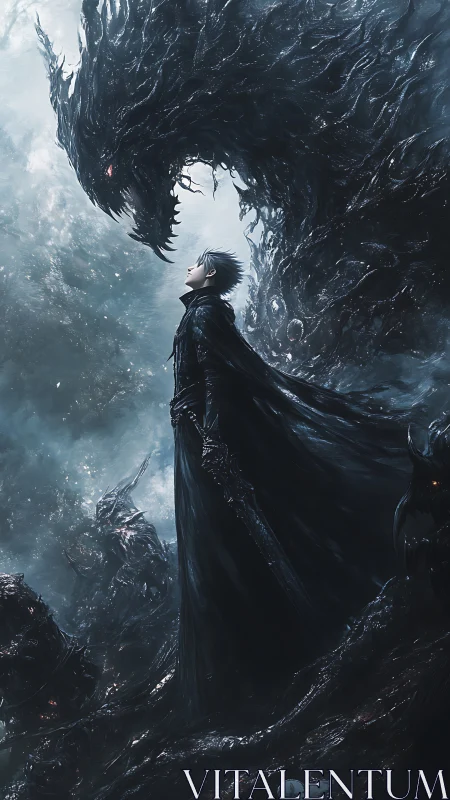 Calm hero meeting a swirling shadow dragon in misty night.