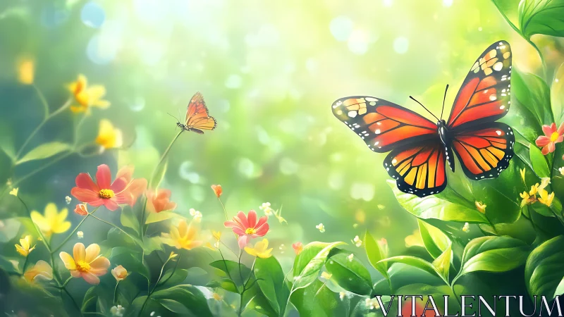 Monarch butterflies in bokeh-suffused floral microhabitat.