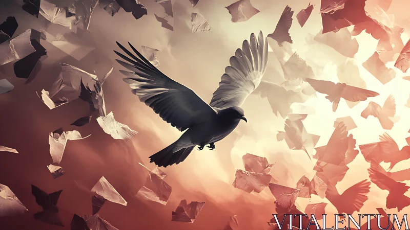 Central dove in dynamic flight amid abstract paper bird fragments