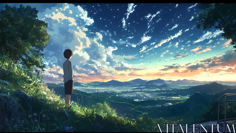 Teen silhouetted on hillside examines luminous dusk valley panorama