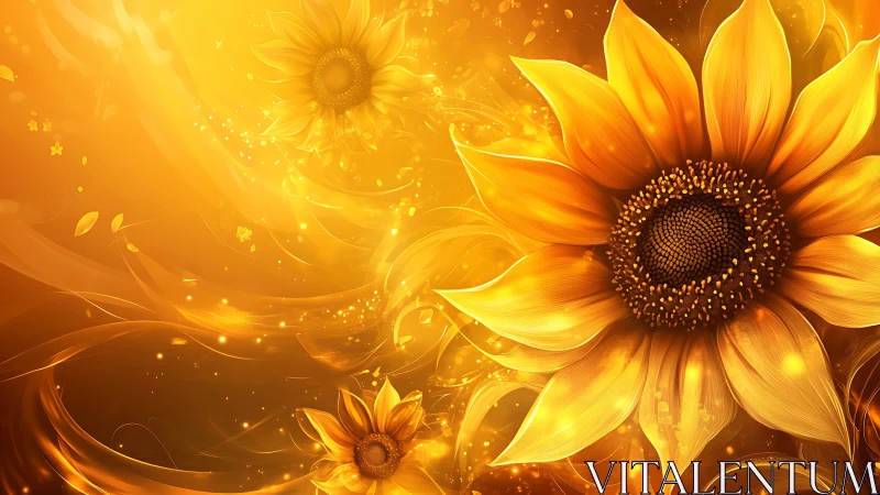 Golden sunflowers glow in swirling luminous light and warmth