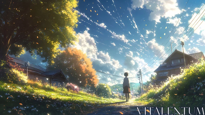 Solitary student walks under radiant countryside sky at dusk.