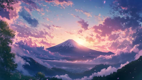 Gentle sunrise light embraces a tranquil snow capped mountain