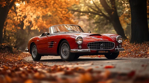 Crimson roadster lounges beneath a tunnel of autumn firelight