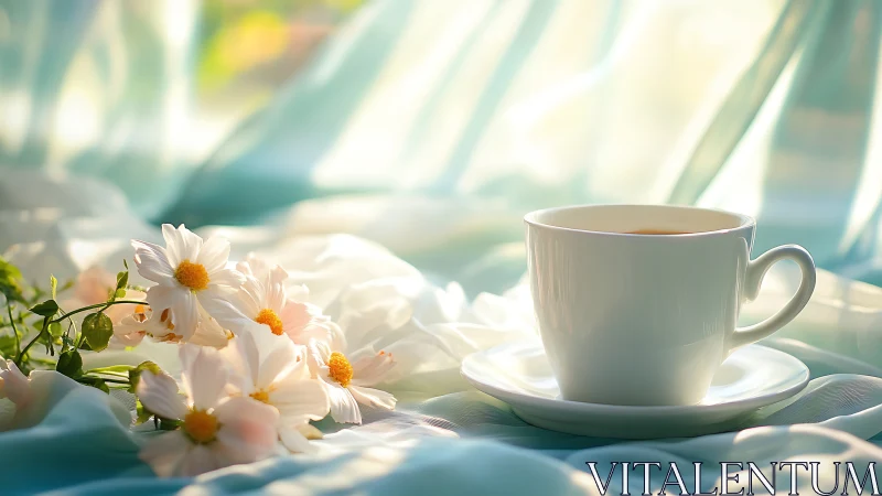 Sunlit white teacup with daisies on pastel draped fabric