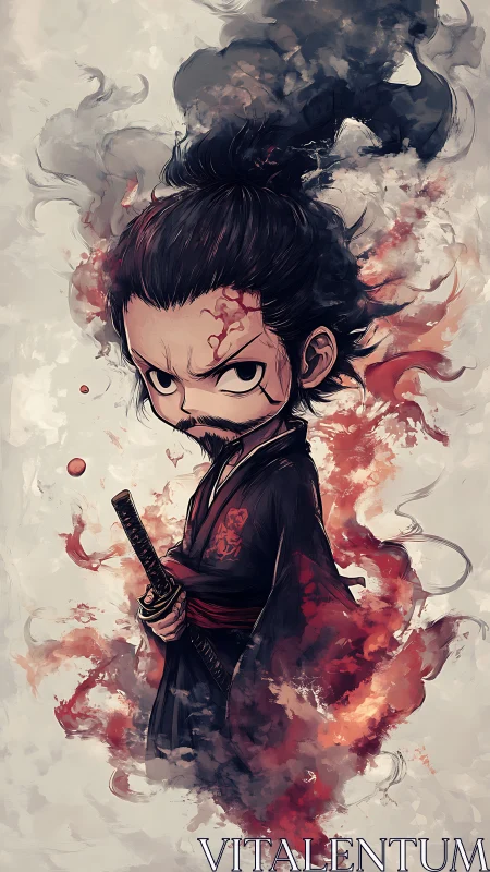 Chibi samurai warrior stands amid swirling smoke and fire