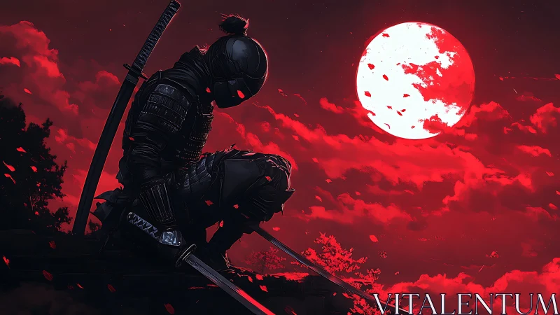 Armored ninja crouched under red moon on rooftop at night.