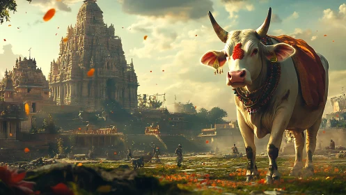 Sacred zebu cow in ornate temple complex at golden hour
