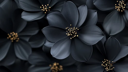 Dark petaled flowers with metallic gold stamens on black background