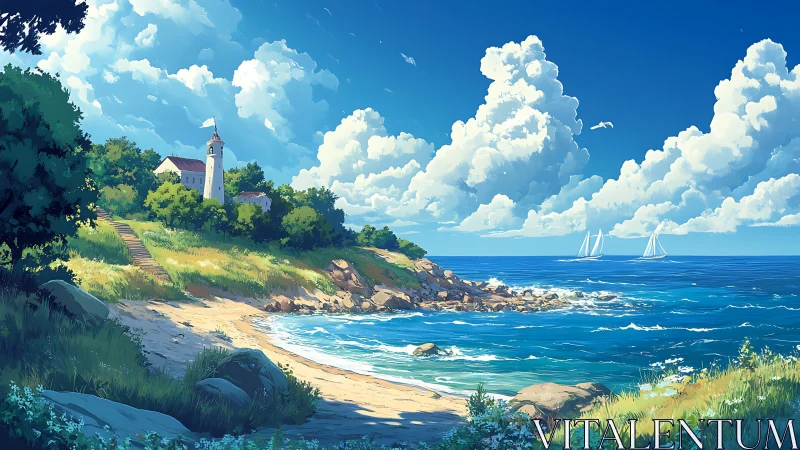 Coastal Lighthouse Scene with Sailboats Under Cumulus Skies